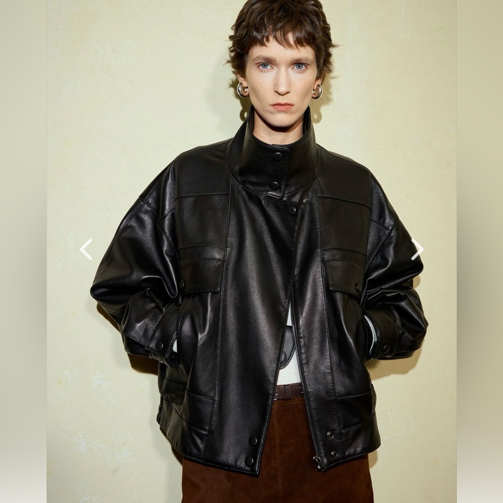 Women’s funnel neck high collar Black Leather Jacket